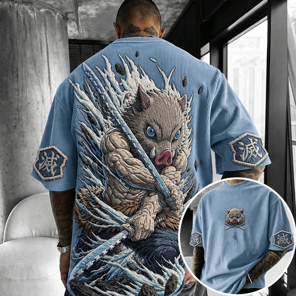 KNY Unisex Anime-Style Retro Corduroy Oversized T-Shirt