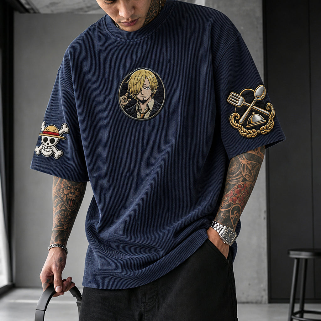 One Piece Unisex Anime-Style Retro Corduroy Oversized T-Shirt