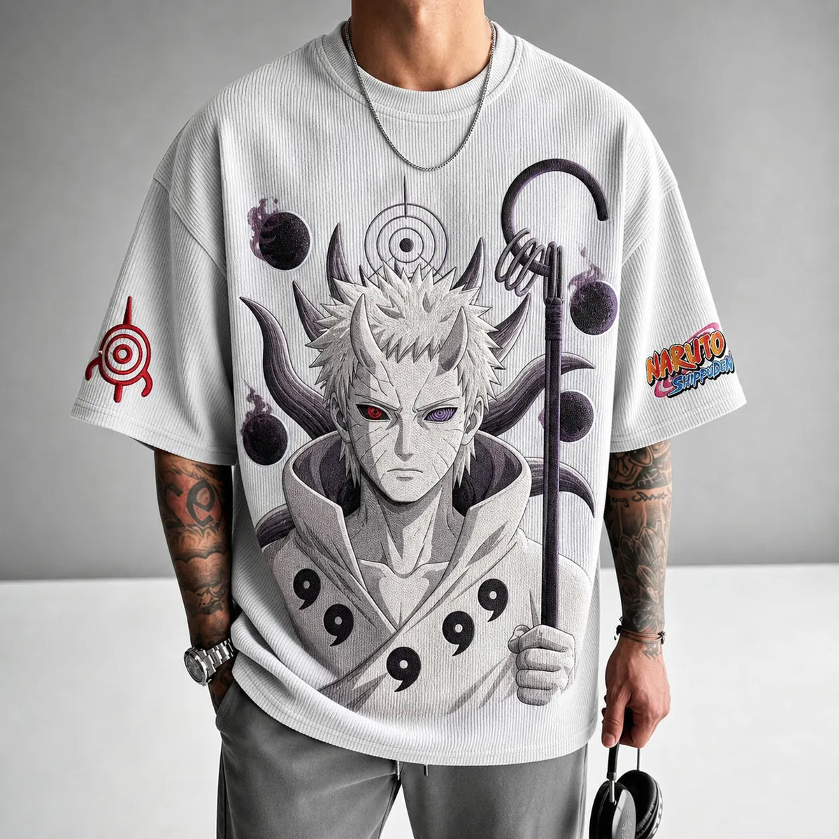 NINDO Unisex Oversized Anime-Print Vertical-Stripe Short-Sleeve T-Shirt