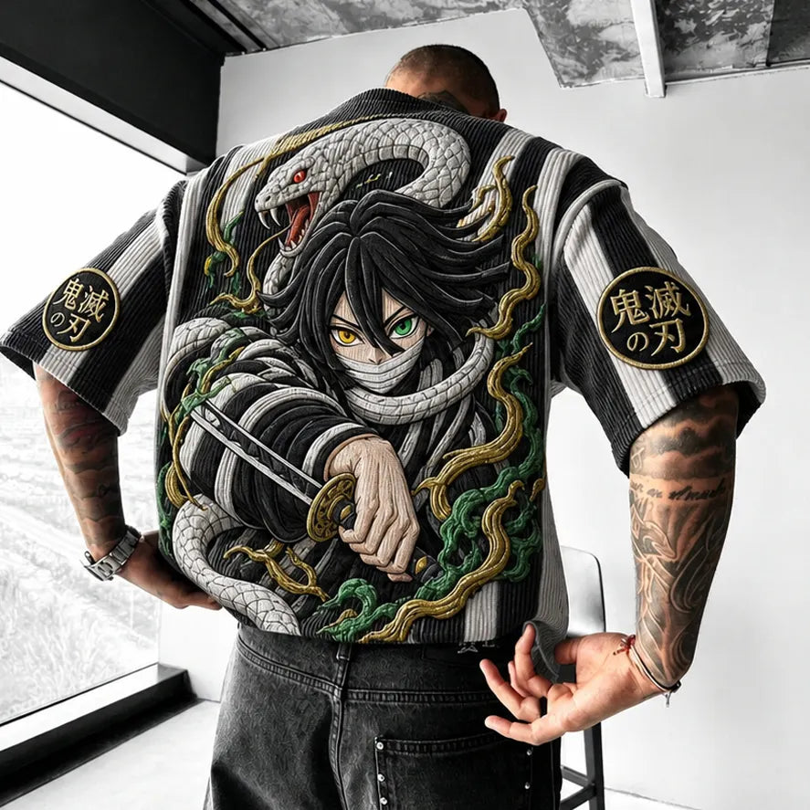 KNY Unisex Oversized Anime-Print Vertical-Stripe Short-Sleeve T-Shirt