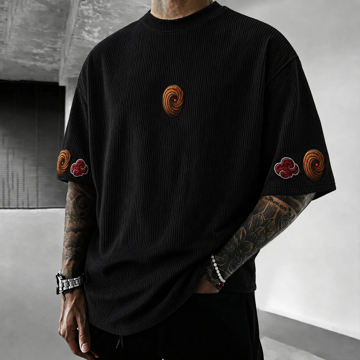 NINDO Unisex Anime-Style Retro Corduroy Oversized T-Shirt