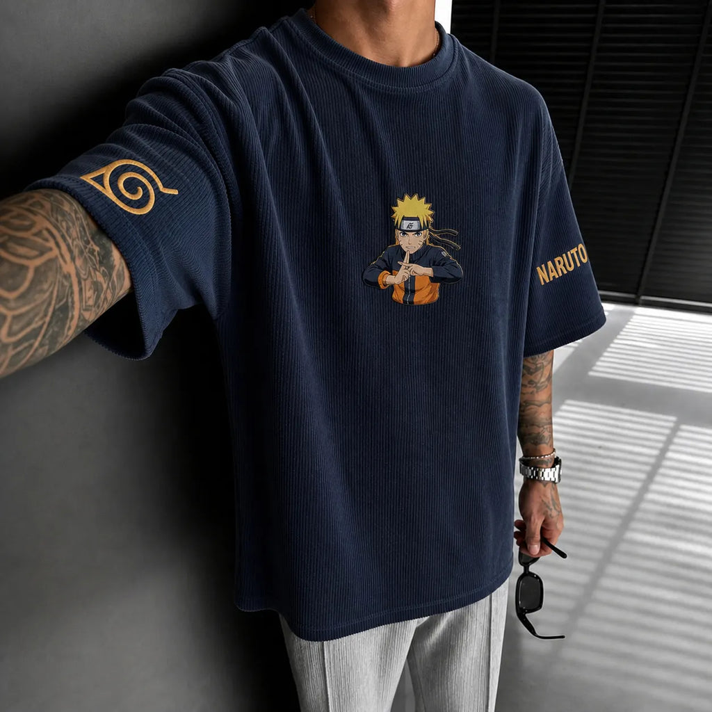 NINDO Unisex Anime-Style Retro Corduroy Oversized T-Shirt