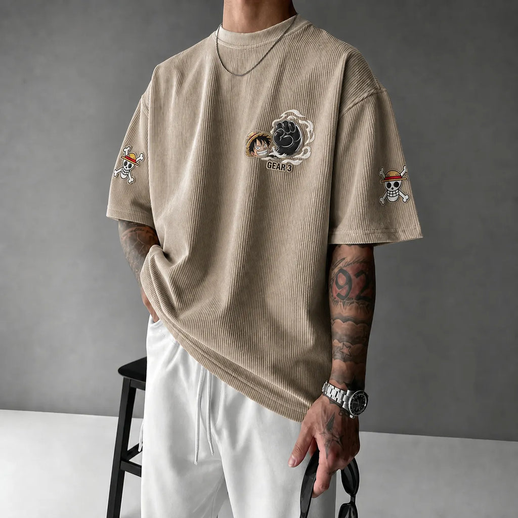 One Piece Unisex Oversized Anime-Print Vertical-Stripe Short-Sleeve T-Shirt