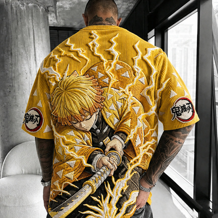 KNY Unisex Oversized Anime-Print Vertical-Stripe Short-Sleeve T-Shirt