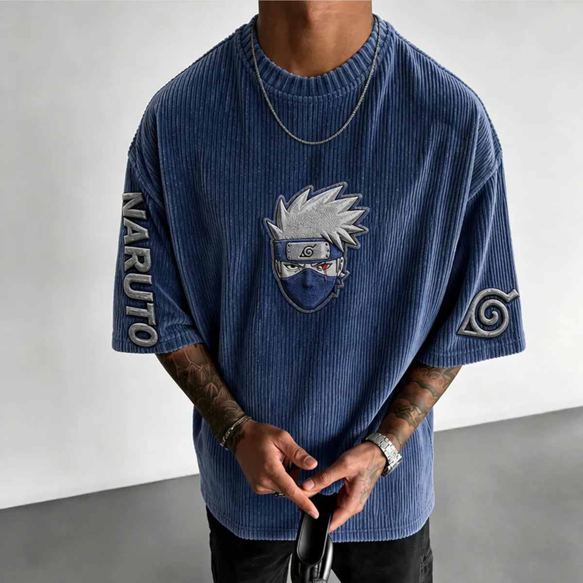 NINDO Unisex Anime-Style Retro Corduroy Oversized T-Shirt