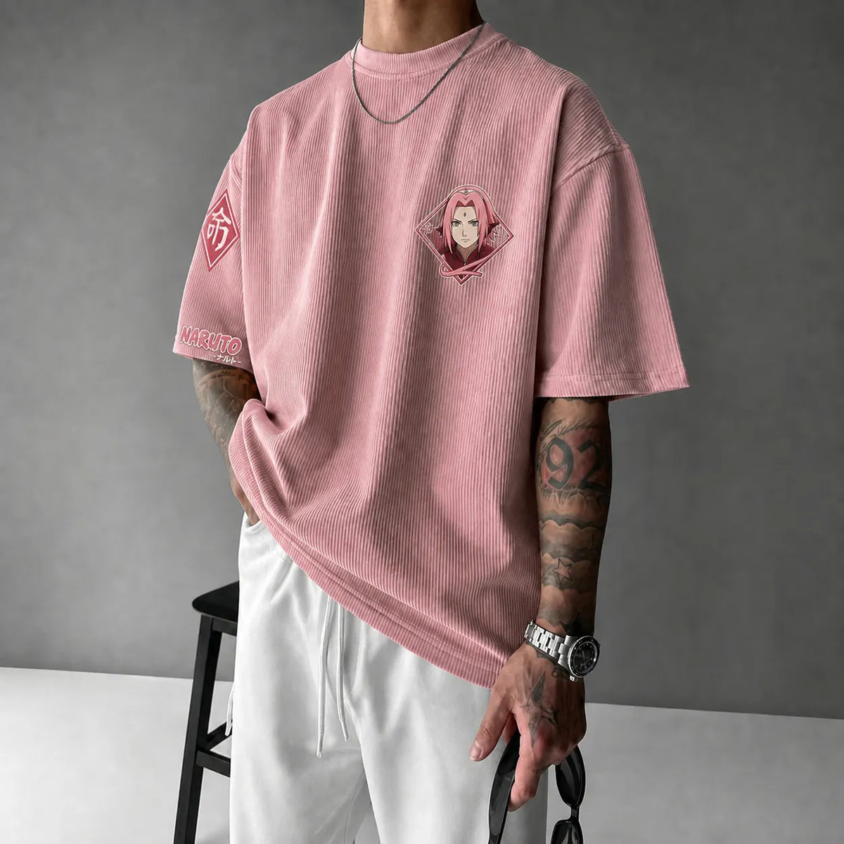 NINDO Unisex Anime-Style Retro Corduroy Oversized T-Shirt