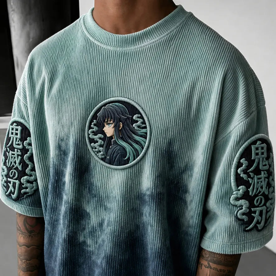 KNY Unisex Oversized Anime-Print Vertical-Stripe Short-Sleeve T-Shirt