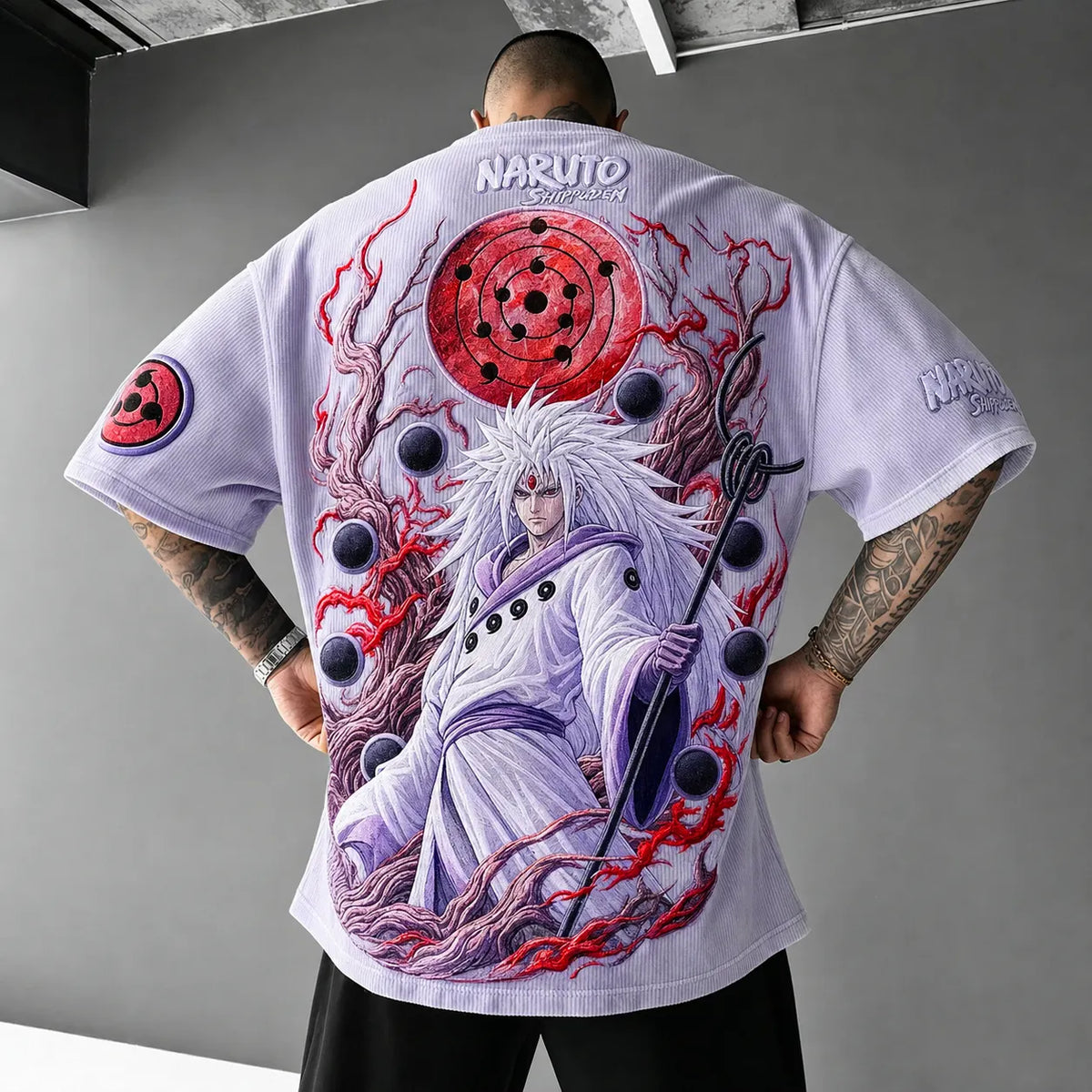 NINDO Unisex Oversized Anime-Print Vertical-Stripe Short-Sleeve T-Shirt