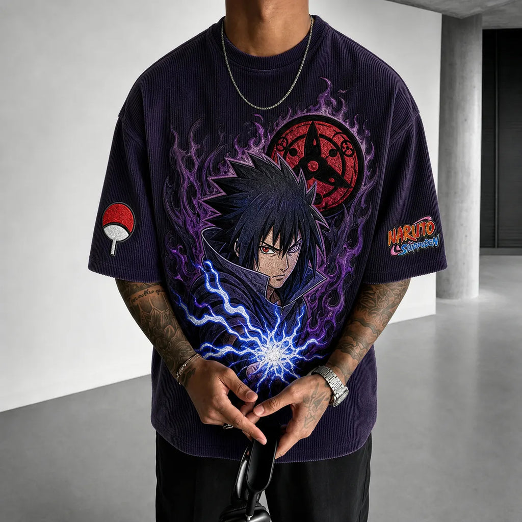 NINDO Unisex Oversized Anime-Print Vertical-Stripe Short-Sleeve T-Shirt