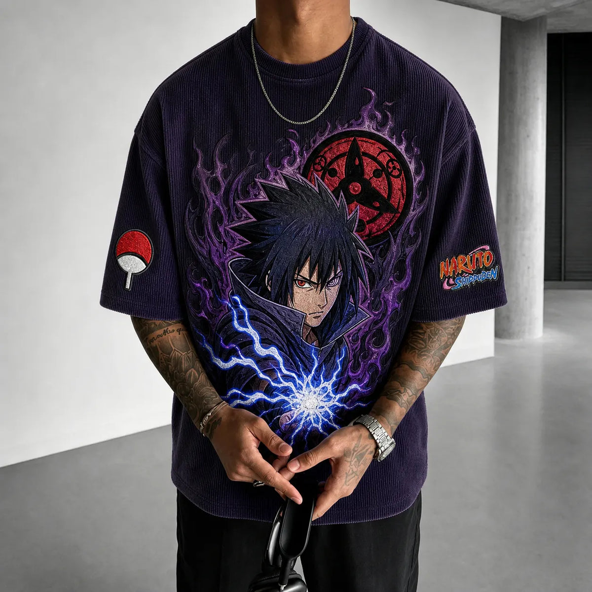 NINDO Unisex Oversized Anime-Print Vertical-Stripe Short-Sleeve T-Shirt
