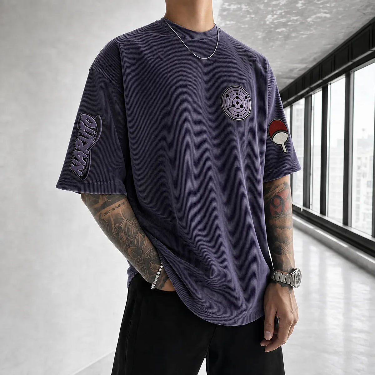 NINDO Unisex Anime-Style Retro Corduroy Oversized T-Shirt
