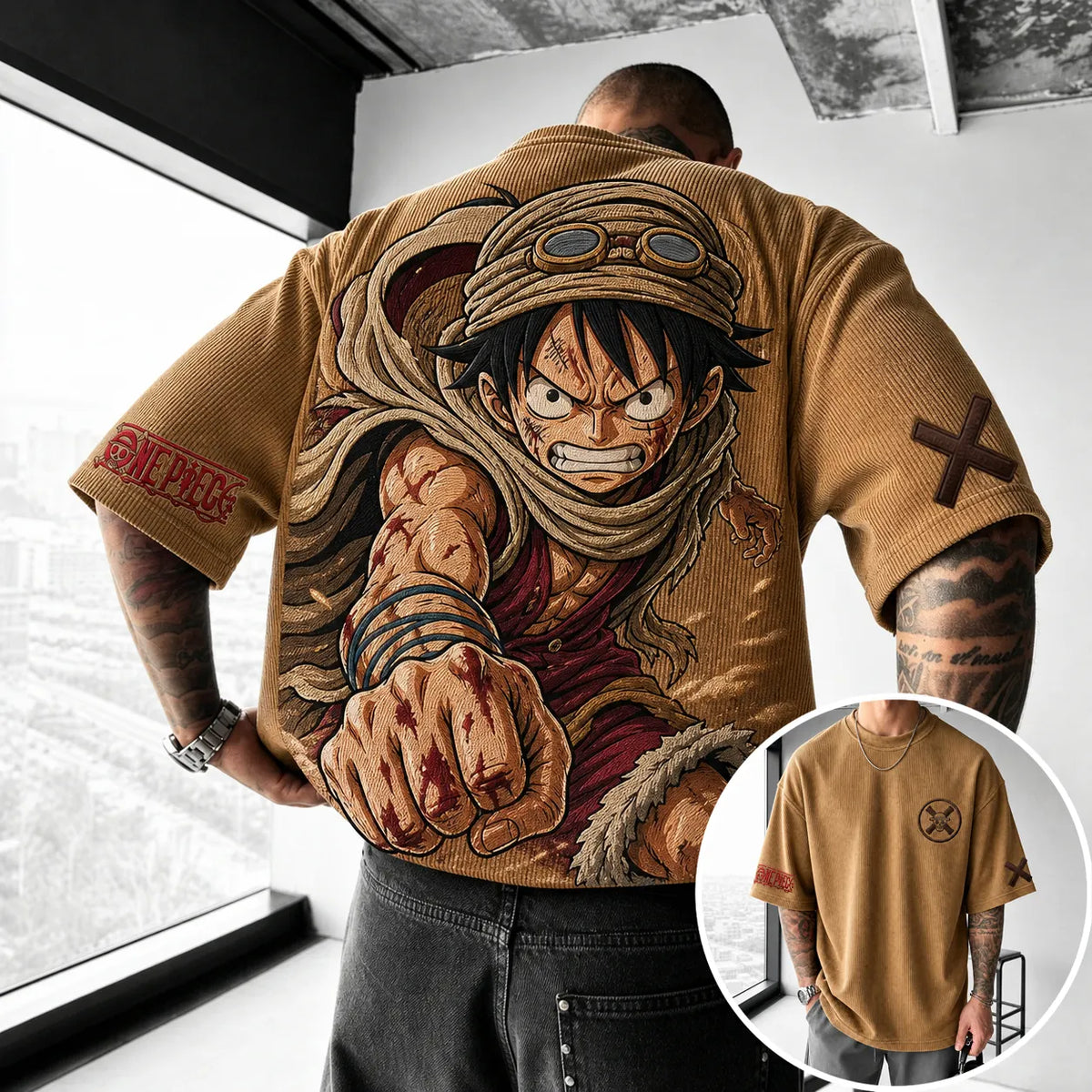 One Piece Unisex Short-Sleeve Corduroy T-Shirt With Anime Print