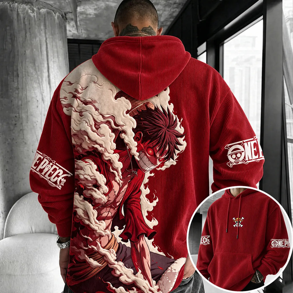 One Piece Unisex Retro Corduroy Hoodie With Anime-style Graphics
