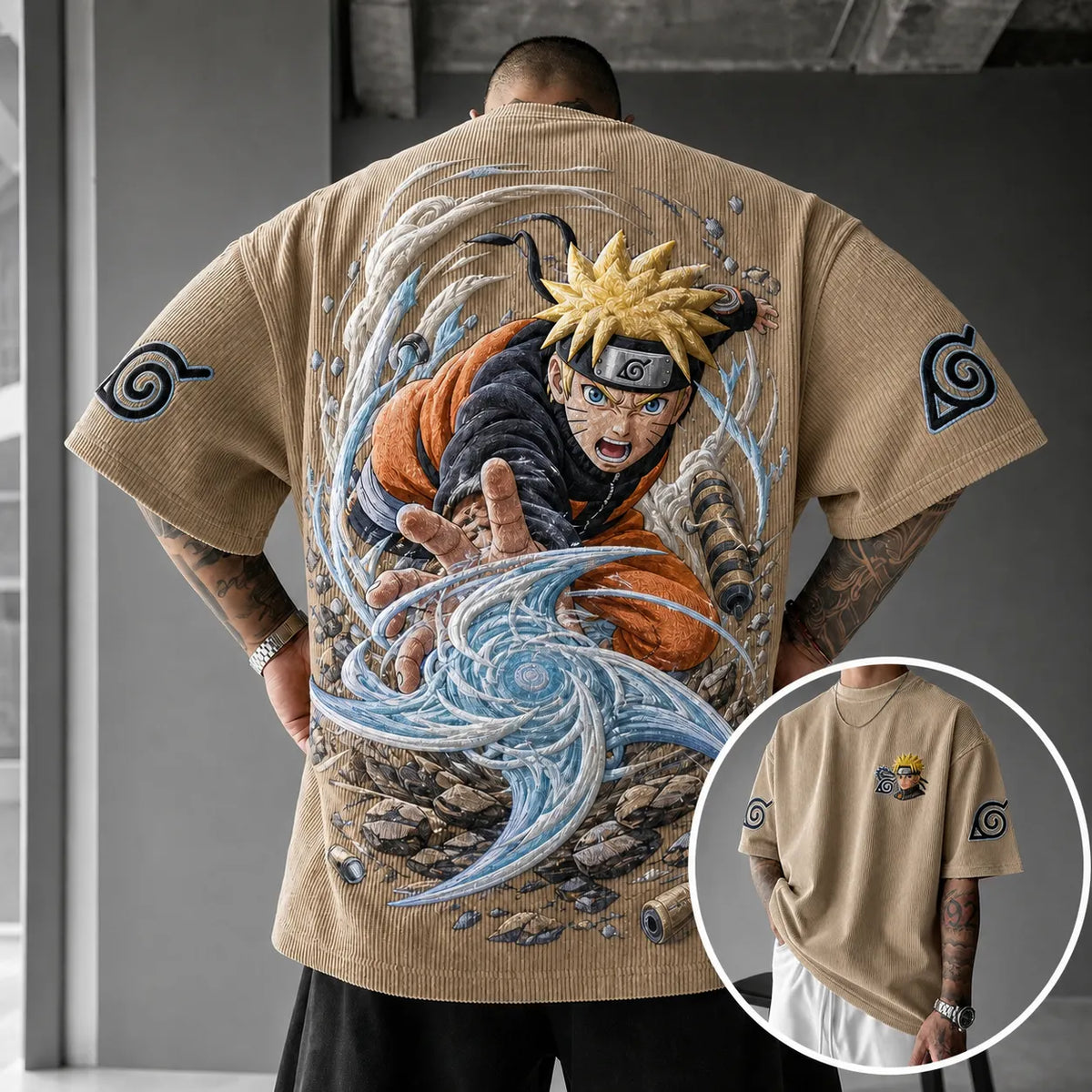 NINDO Unisex Oversized Anime-Print Vertical-Stripe Short-Sleeve T-Shirt
