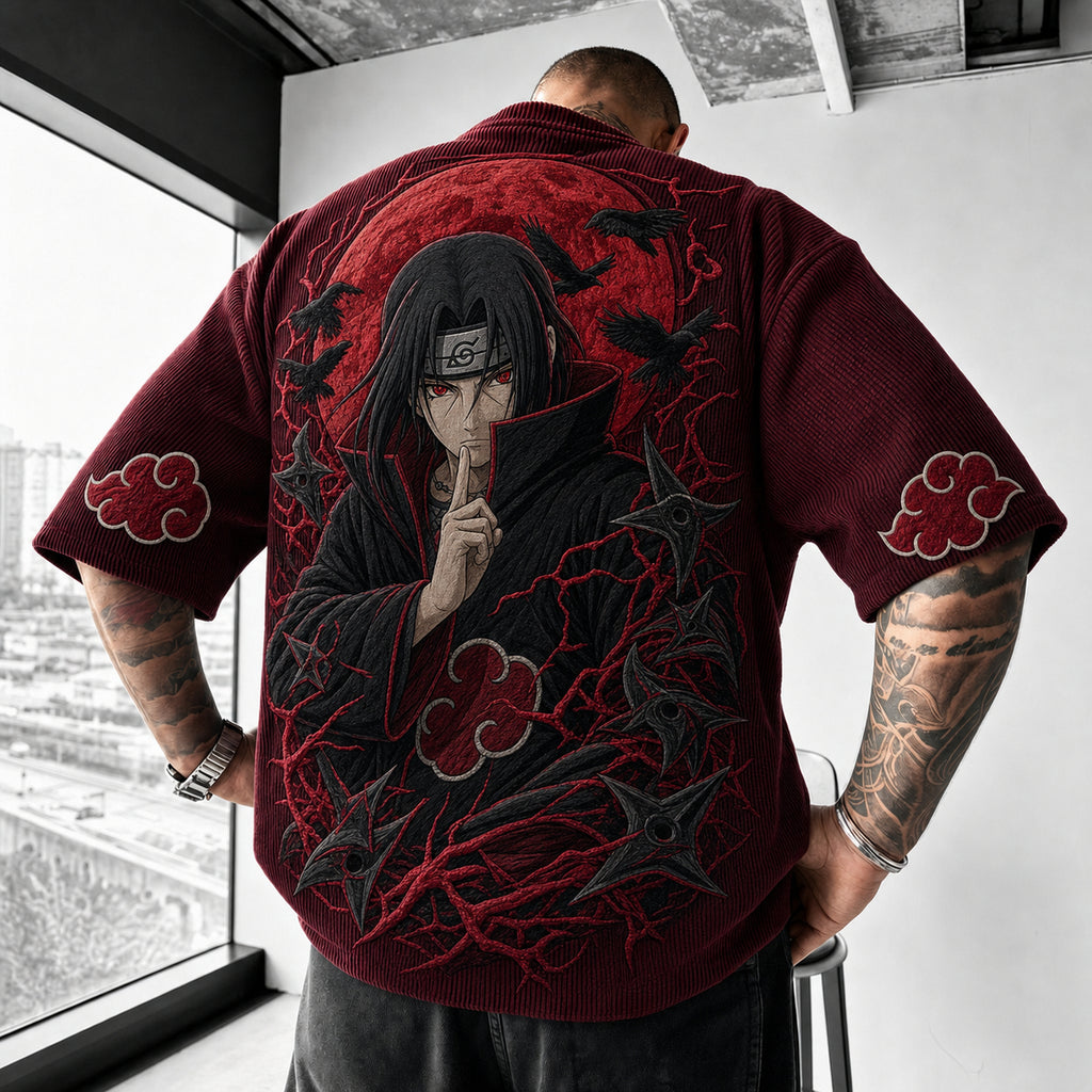 NINDO Unisex Oversized Anime-Print Vertical-Stripe Short-Sleeve T-Shirt