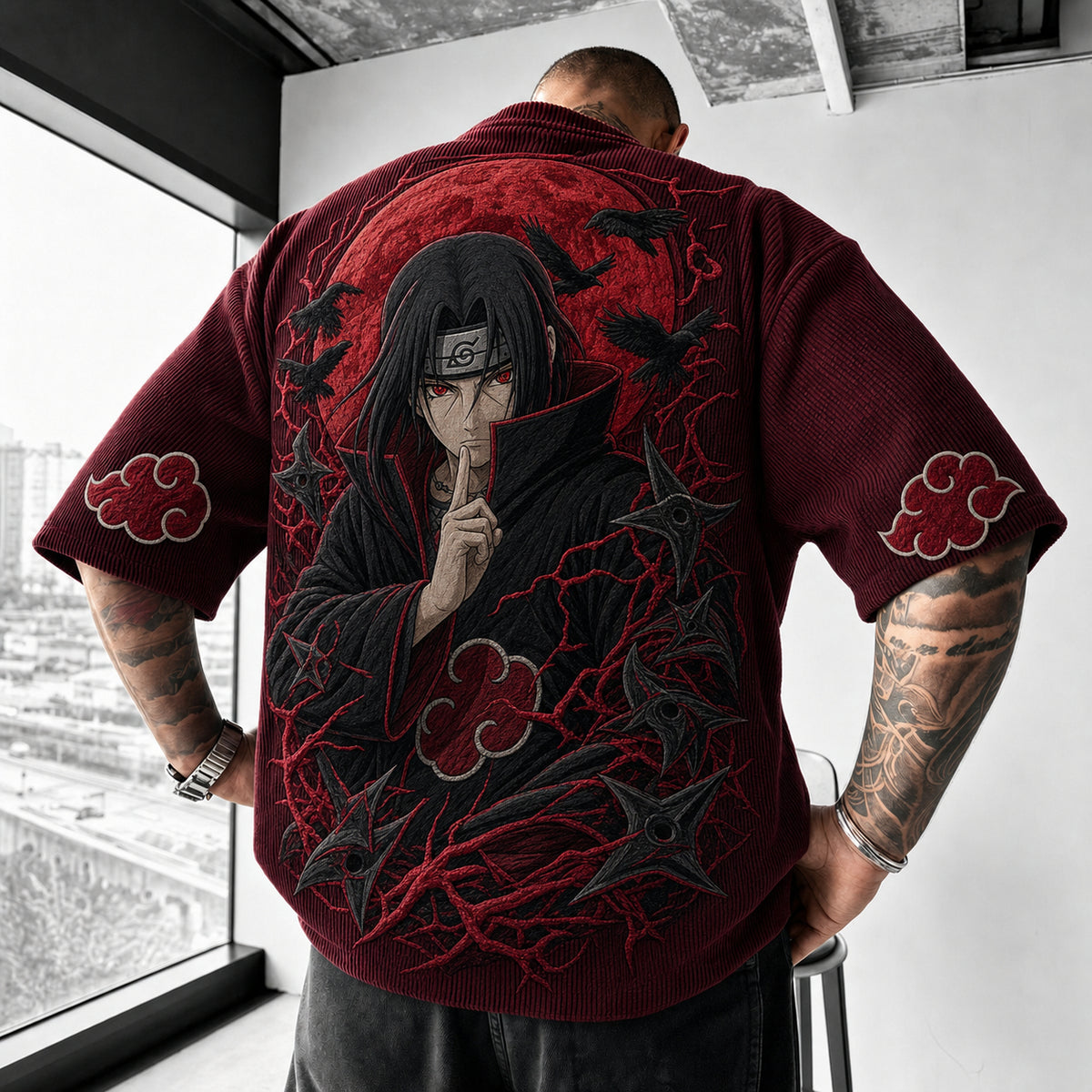 NINDO Unisex Oversized Anime-Print Vertical-Stripe Short-Sleeve T-Shirt