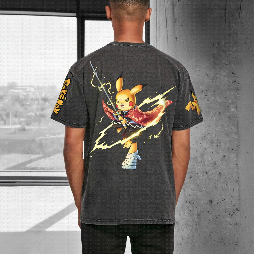 PKM-Unisex Anime Style Vintage Washed T-Shirt