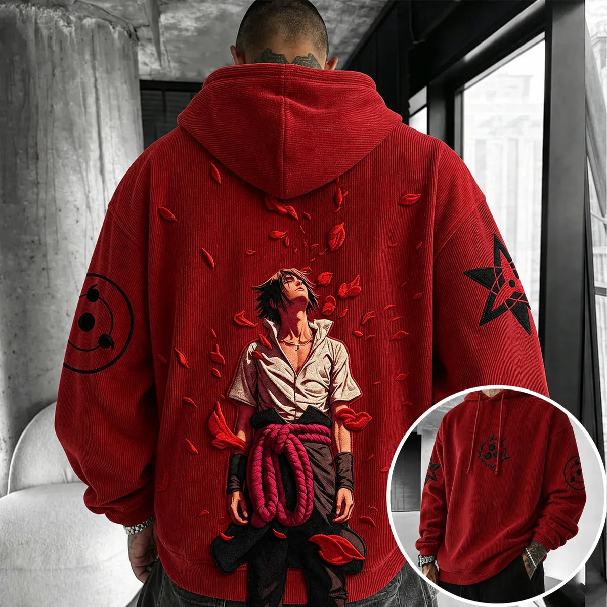 NINDO Unisex Retro Corduroy Hoodie With Anime-style Graphics