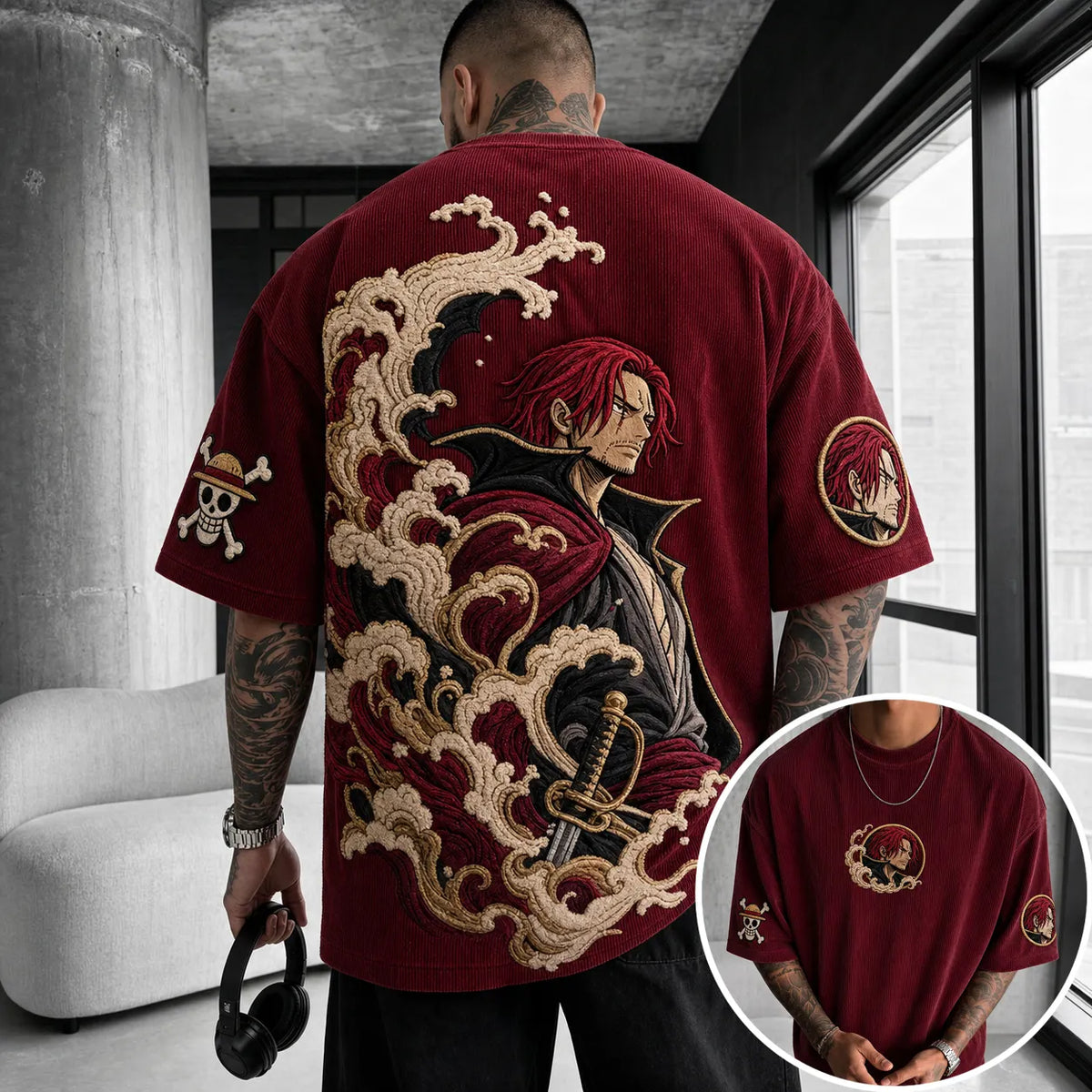 One Piece Unisex Anime-Style Retro Corduroy Oversized T-Shirt