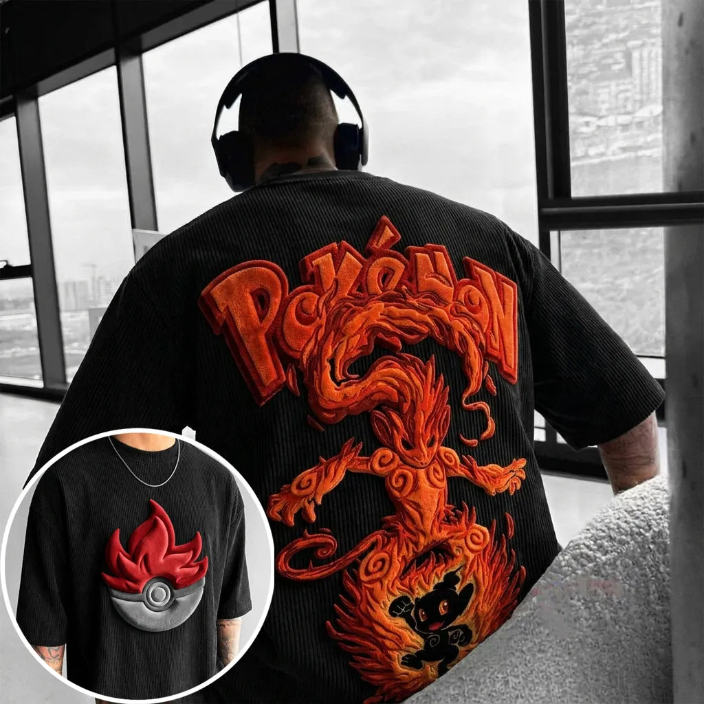 Pokémon Unisex Anime-Style Retro Corduroy Oversized T-Shirt