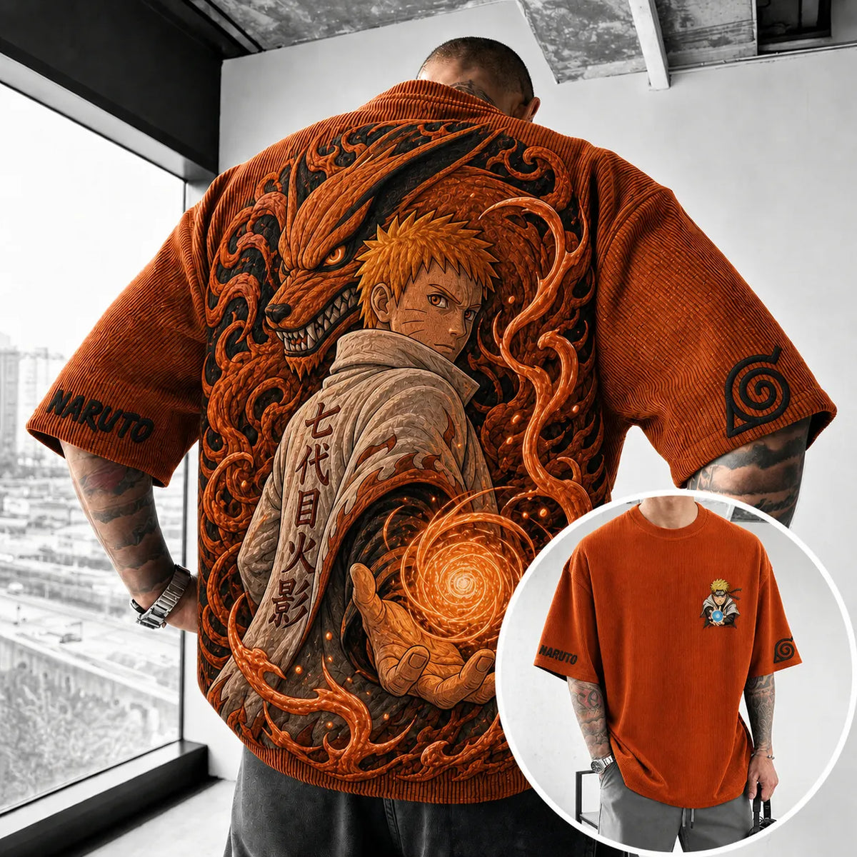 NINDO Unisex Anime-Style Retro Corduroy Oversized T-Shirt