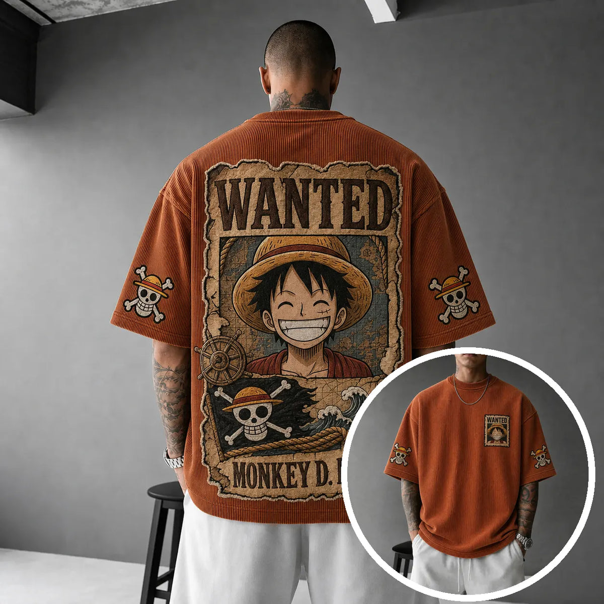 One Piece Unisex Oversized Anime-Print Vertical-Stripe Short-Sleeve T-Shirt