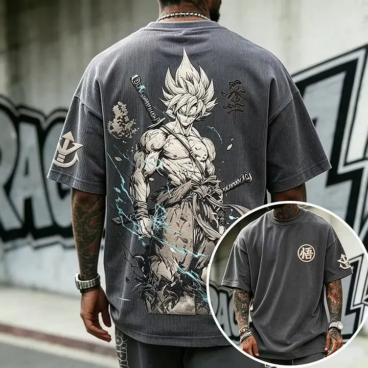 Dragon Ball Unisex Oversized Anime-Print Vertical-Stripe Short-Sleeve T-Shirt