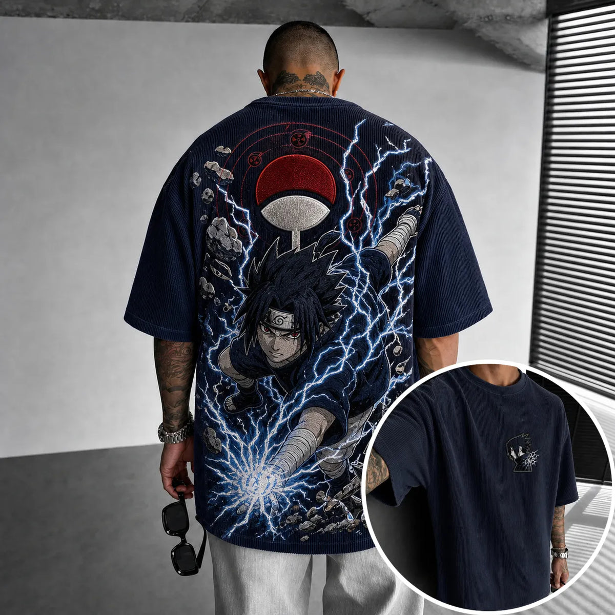 NINDO Unisex Oversized Anime-Print Vertical-Stripe Short-Sleeve T-Shirt