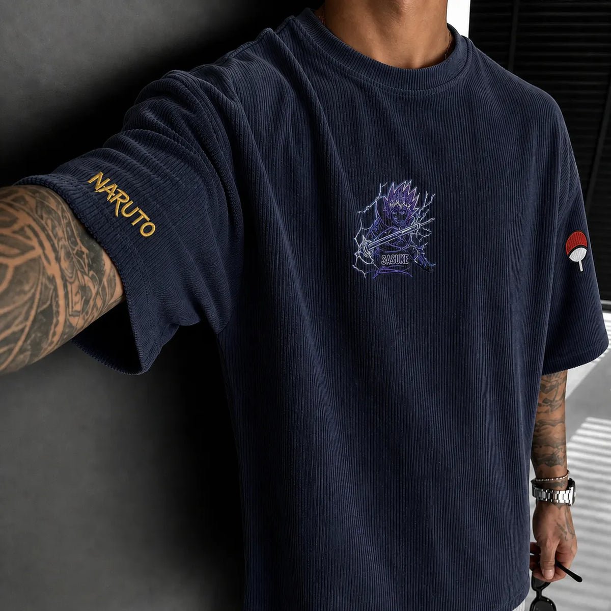 NINDO Unisex Anime-Style Retro Corduroy Oversized T-Shirt