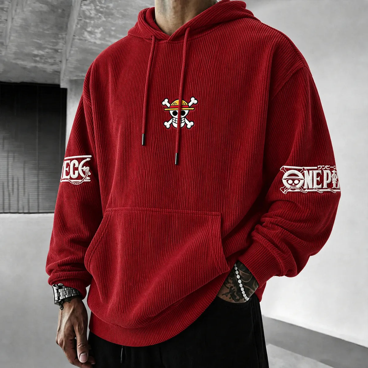 One Piece Unisex Retro Corduroy Hoodie With Anime-style Graphics
