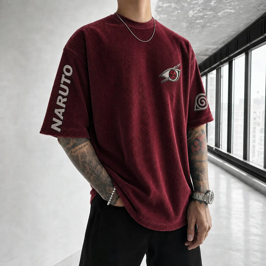 NINDO Unisex Anime-Style Retro Corduroy Oversized T-Shirt