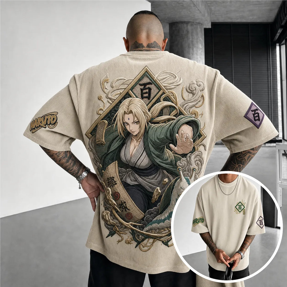 NINDO Unisex Anime-Style Retro Corduroy Oversized T-Shirt