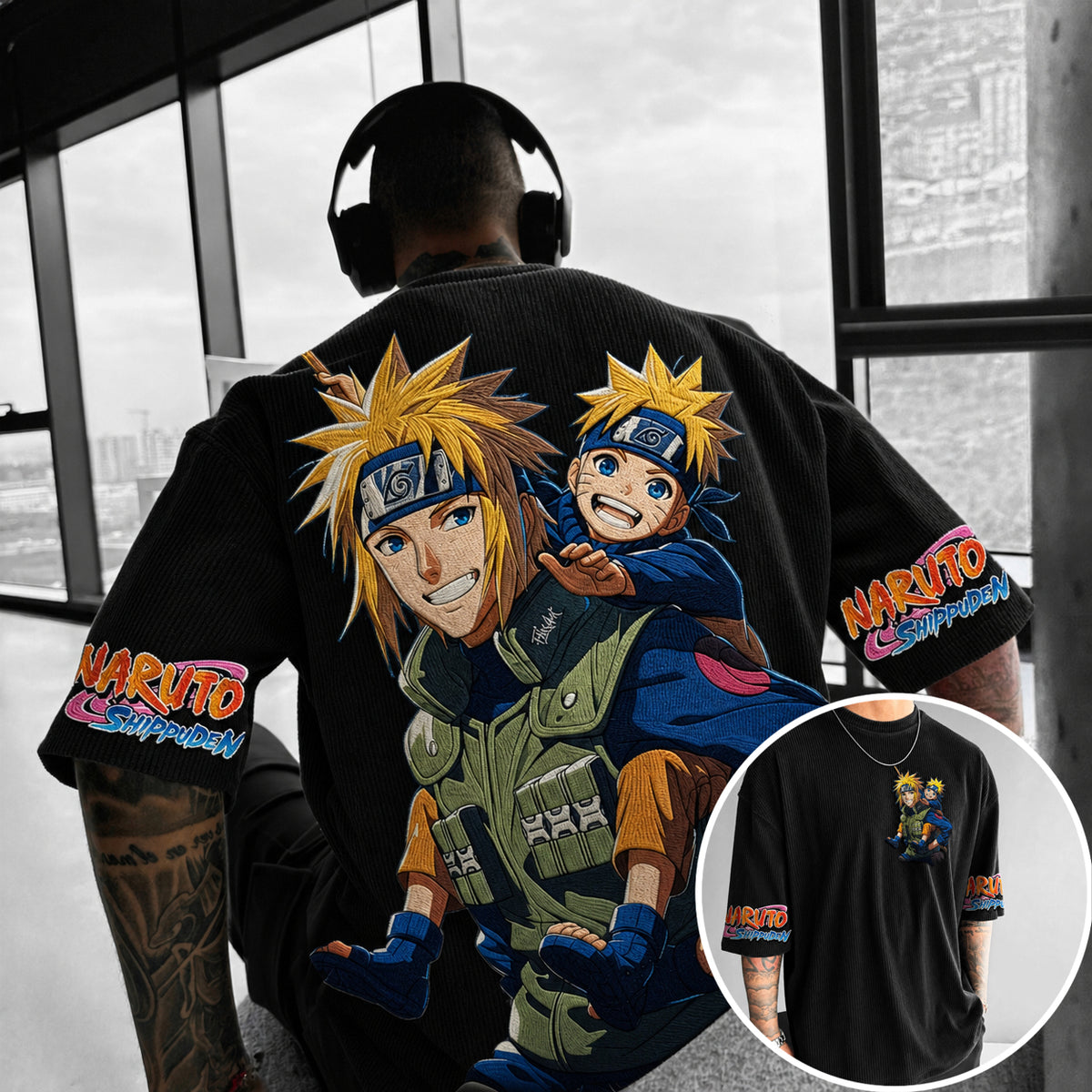 NINDO Unisex Anime-Style Retro Corduroy Oversized T-Shirt