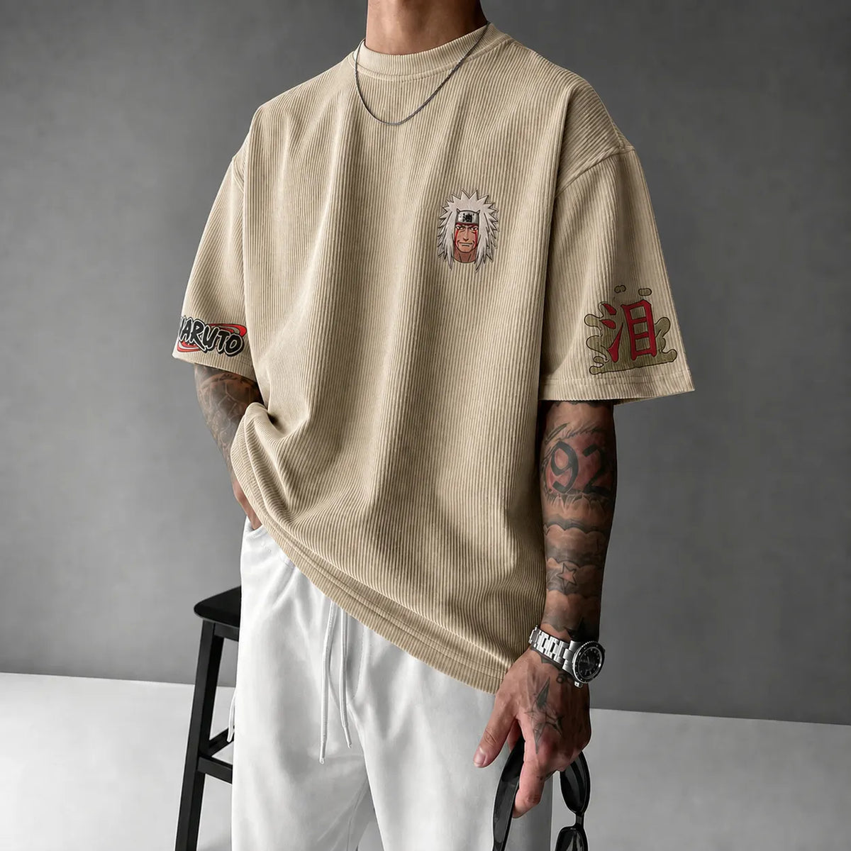NINDO Unisex Anime-Style Retro Corduroy Oversized T-Shirt