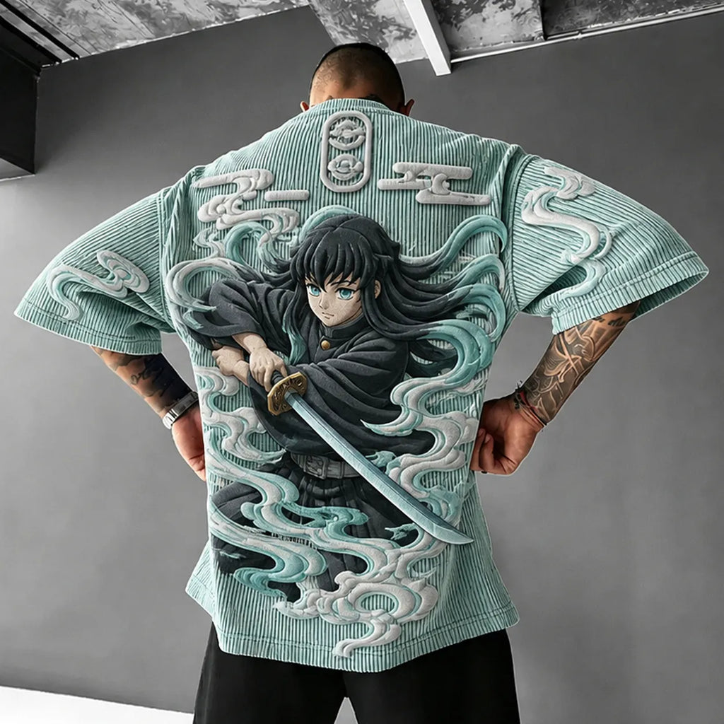 KNY Unisex Anime-Style Retro Corduroy Oversized T-Shirt