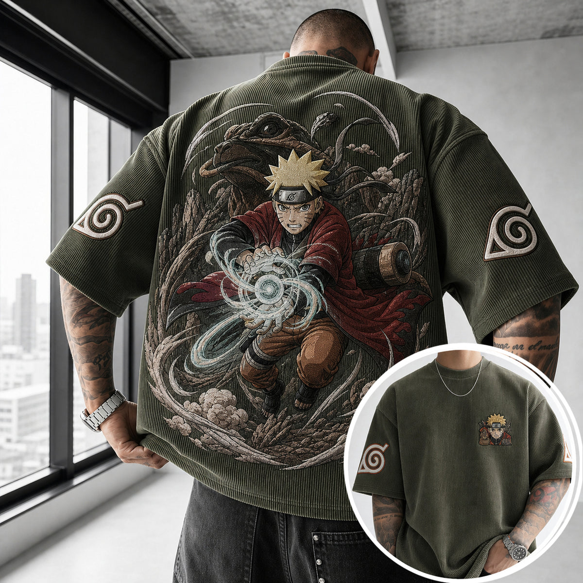 NINDO Unisex Oversized Anime-Print Vertical-Stripe Short-Sleeve T-Shirt