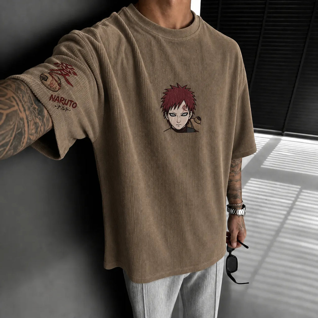 NINDO Unisex Anime-Style Retro Corduroy Oversized T-Shirt