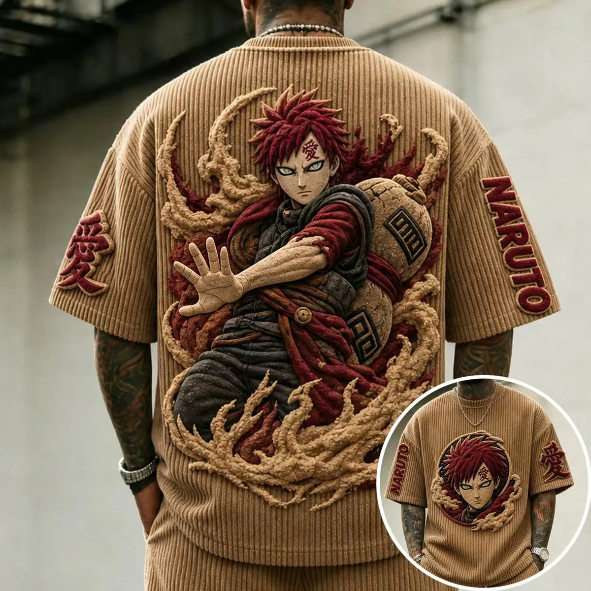 NINDO Unisex Anime-Style Retro Corduroy Oversized T-Shirt