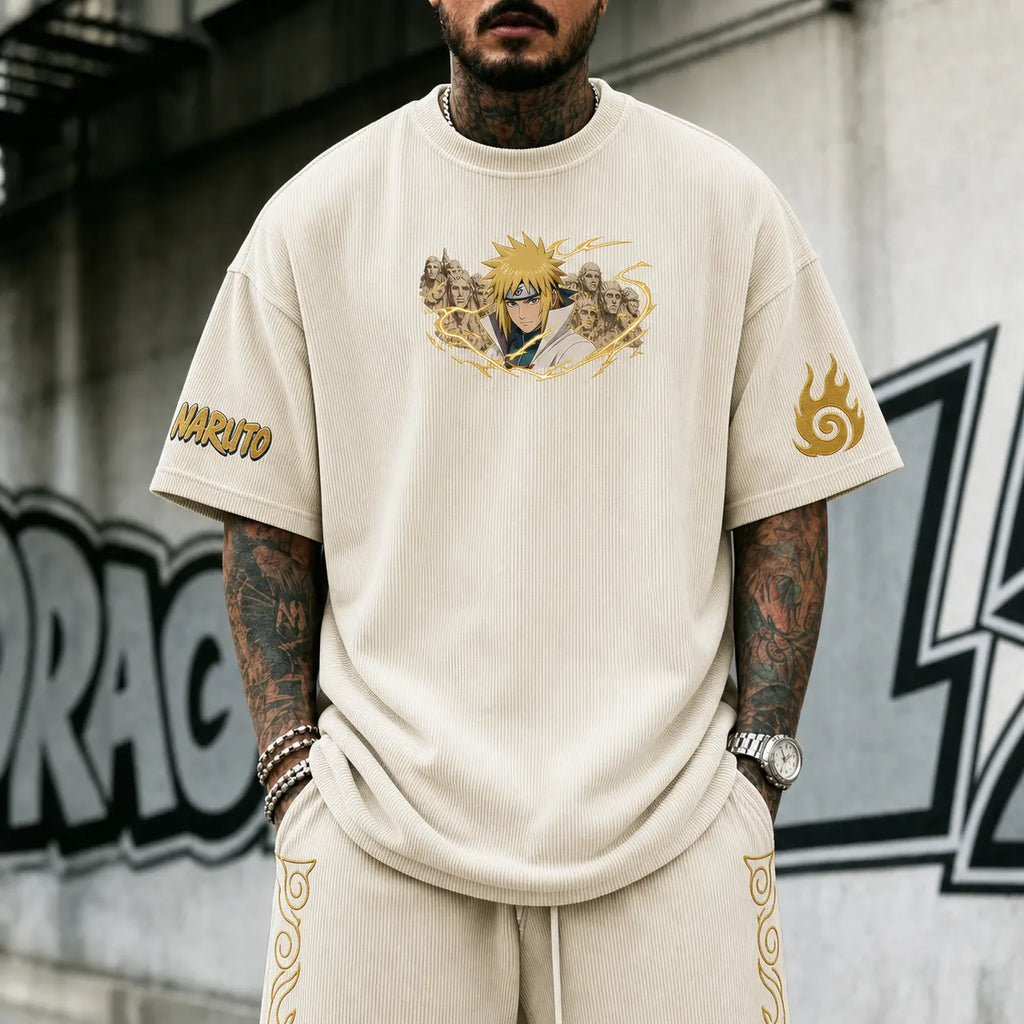 NINDO Unisex Anime-Style Retro Corduroy Oversized T-Shirt