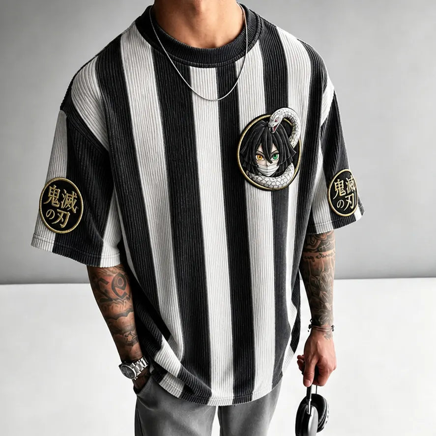 KNY Unisex Oversized Anime-Print Vertical-Stripe Short-Sleeve T-Shirt