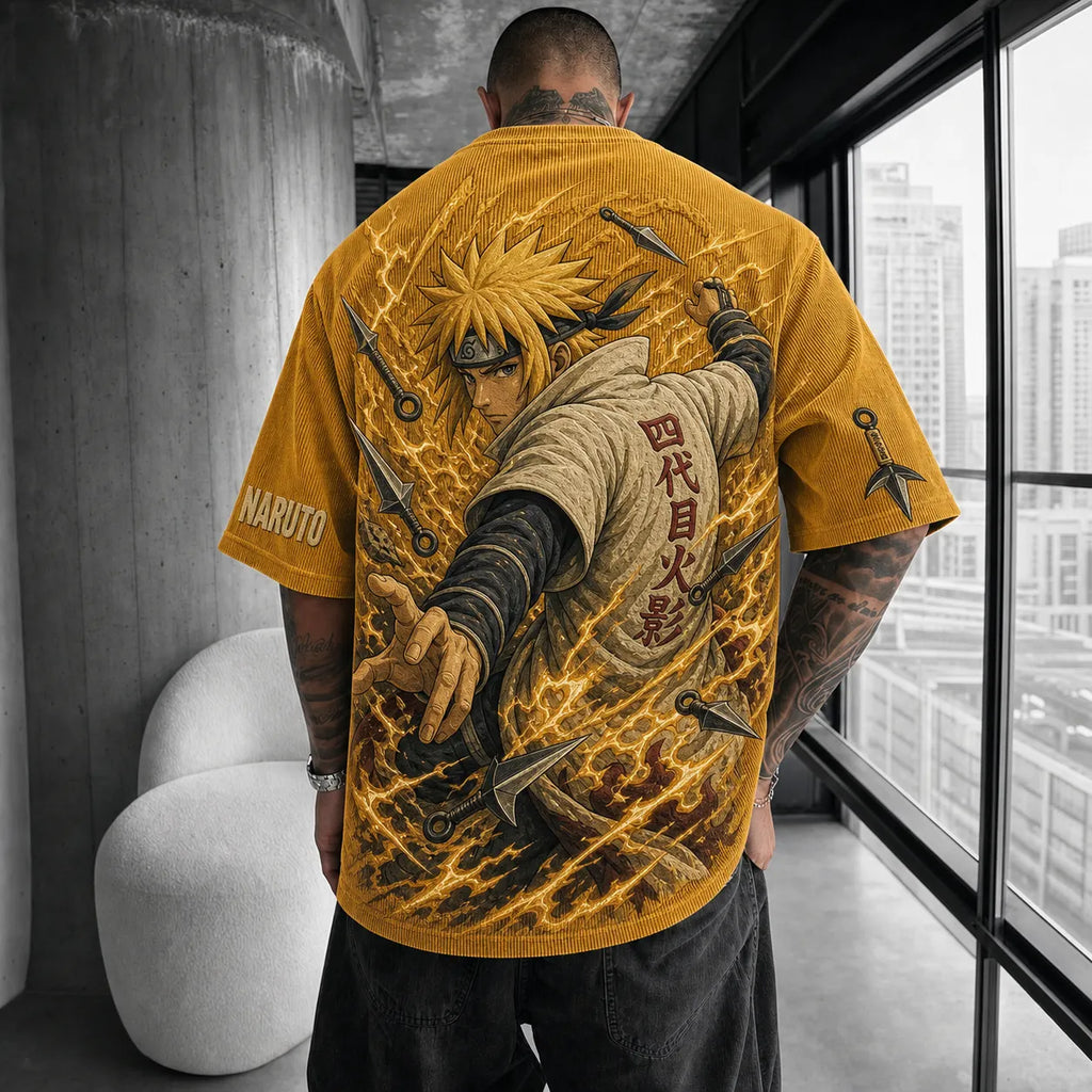 NINDO Unisex Anime-Style Retro Corduroy Oversized T-Shirt