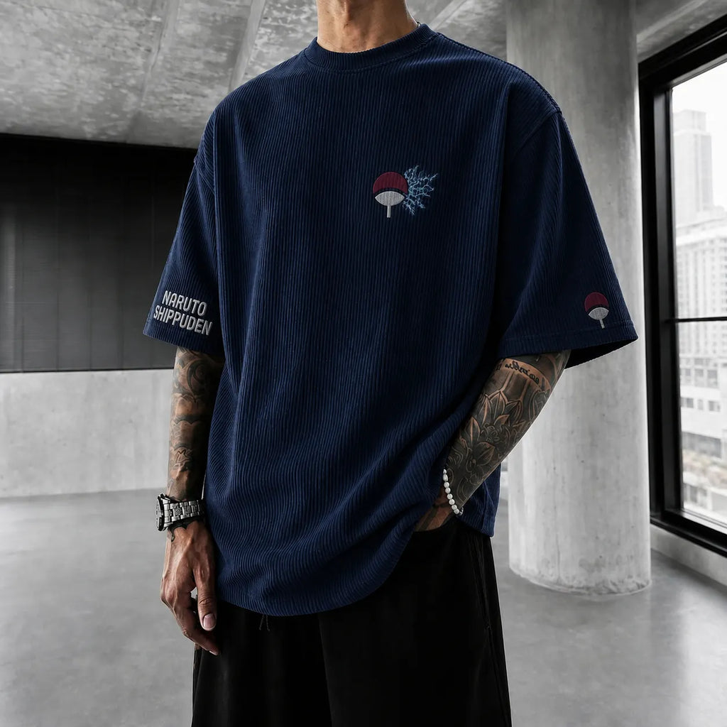 NINDO Unisex Anime-Style Retro Corduroy Oversized T-Shirt