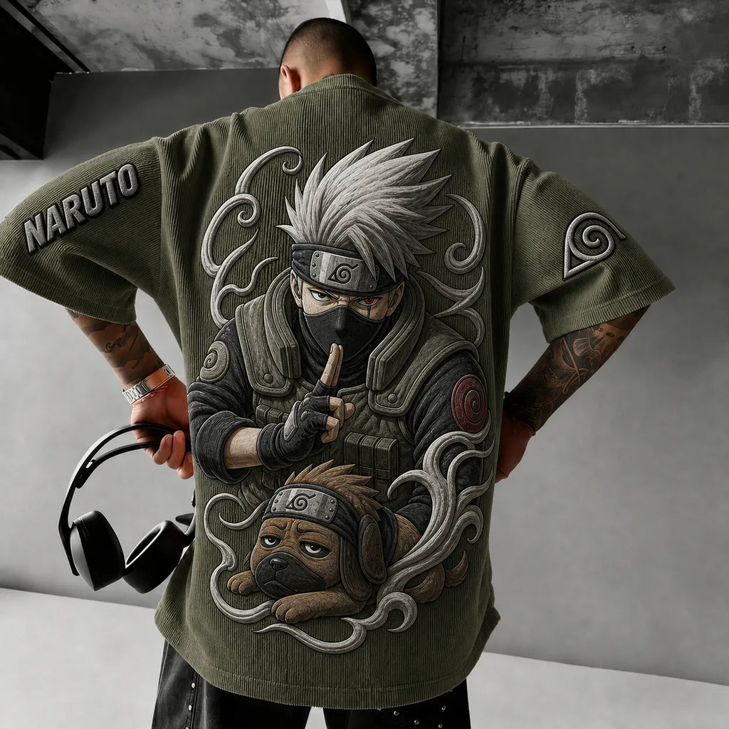 NINDO Unisex Anime-Style Retro Corduroy Oversized T-Shirt