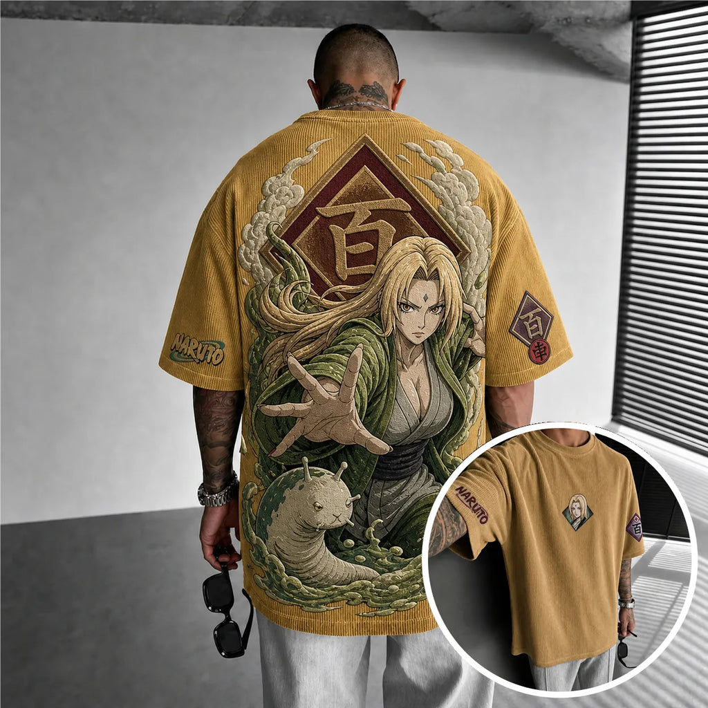 NINDO Unisex Anime-Style Retro Corduroy Oversized T-Shirt