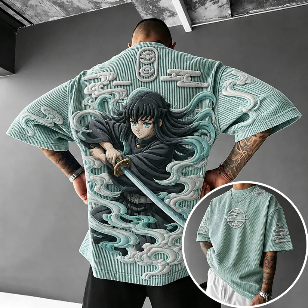 KNY Unisex Anime-Style Retro Corduroy Oversized T-Shirt