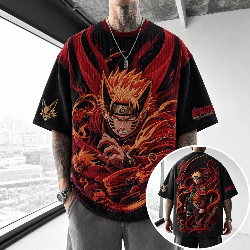 NINDO Unisex Oversized Anime-Print Vertical-Stripe Short-Sleeve T-Shirt