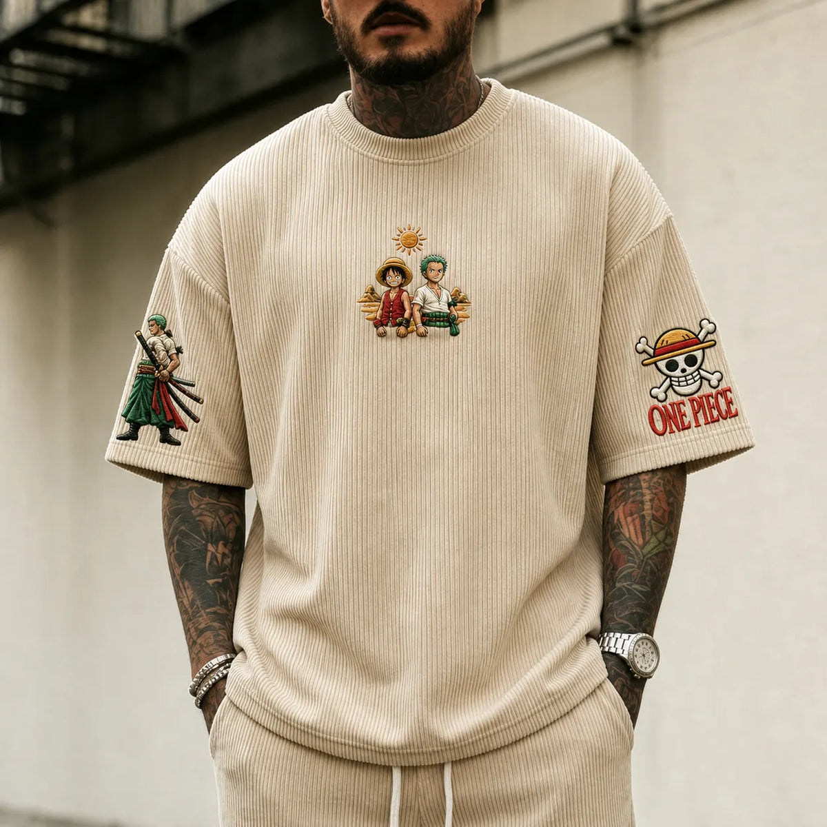 One Piece Unisex Anime-Style Retro Corduroy Oversized T-Shirt