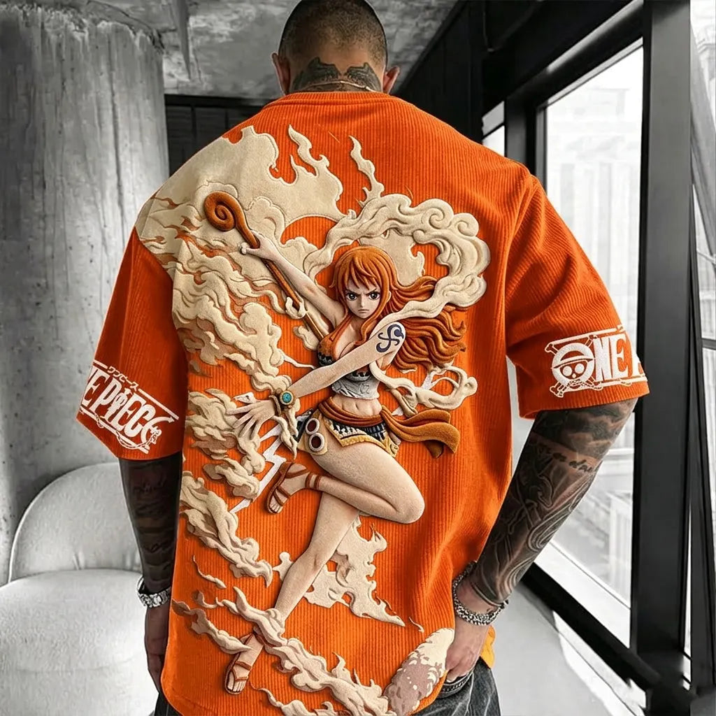 One Piece Unisex Anime-Style Retro Corduroy Oversized T-Shirt