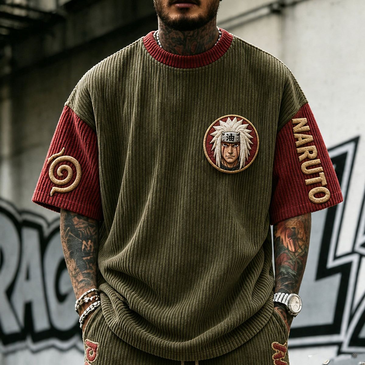 NINDO Unisex Anime-Style Retro Corduroy Oversized T-Shirt
