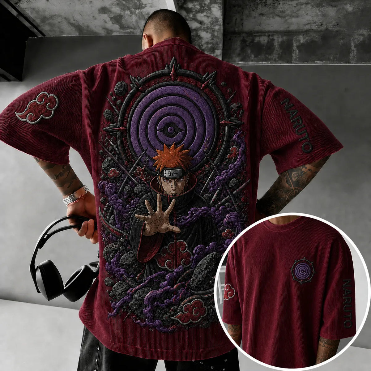 NINDO Unisex Anime-Style Retro Corduroy Oversized T-Shirt